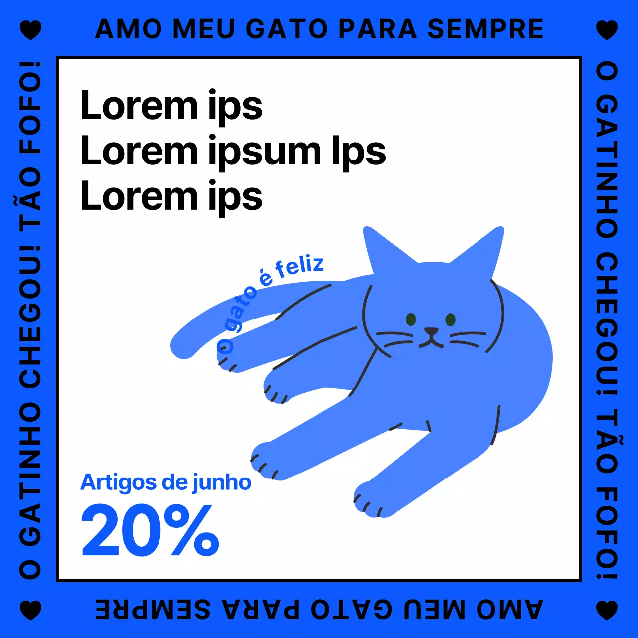 Uma promoção ilustrada, azul e gira de artigos para gatos.
