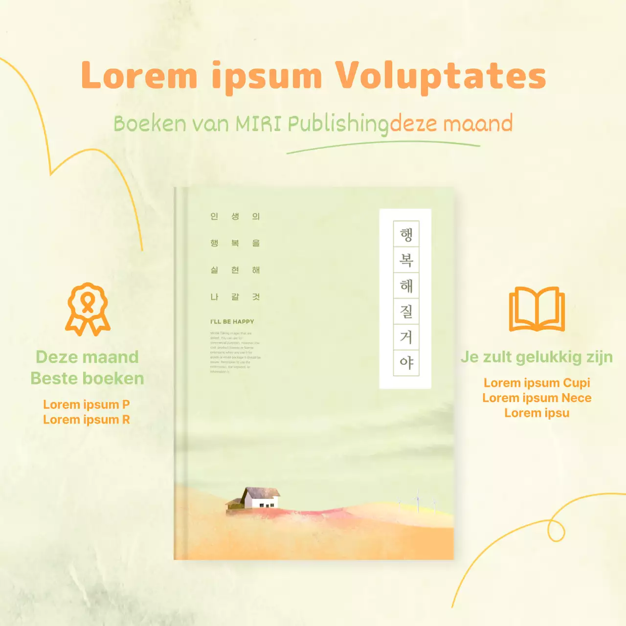 Ingetogen boekpromotie met gele achtergrond en oranje tekst V1