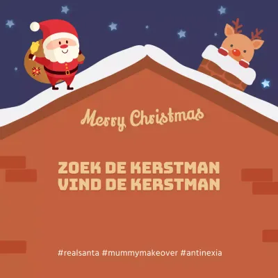 Kerstevenement met de Kerstman en Rudolph in de schoorsteen op het dak