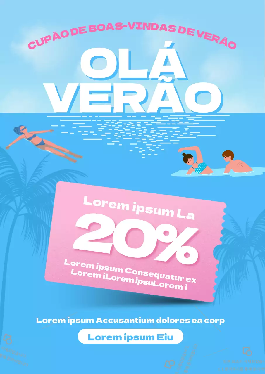 Evento de alojamento de férias de verão com cupões cor-de-rosa num fundo fresco de céu azul e mar