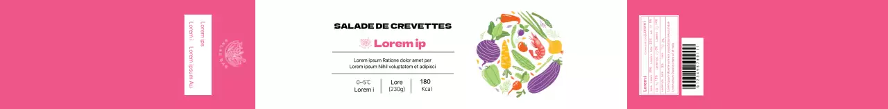 Étiquette de salade de crevettes illustrée en blanc et rose