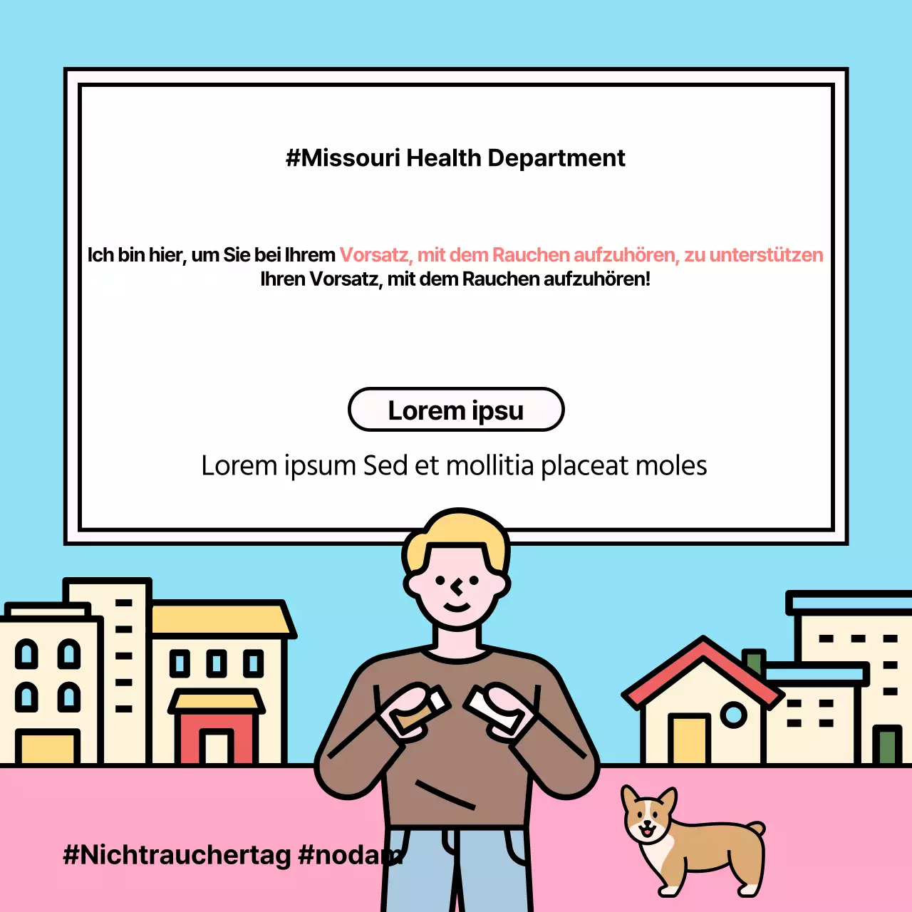 Niedliche Illustration der Auswirkungen der Raucherentwöhnung in Hellblau und Rosa