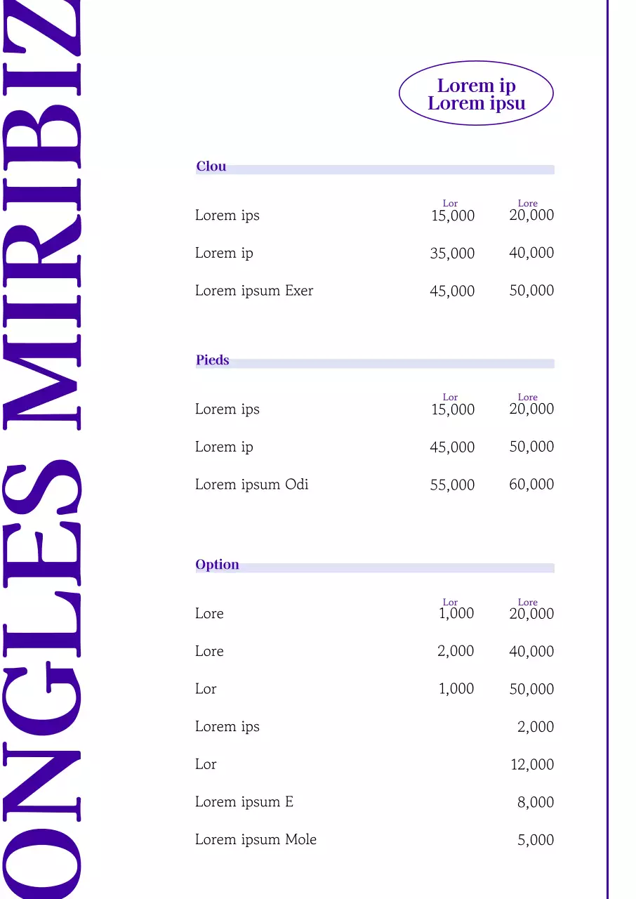 Panneau de menu simple pour salon de manucure en violet