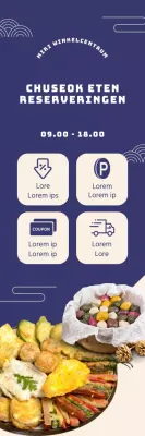 Promotiebanner met vakantiefoto's van eten en aanbiedingspictogrammen op een marineblauwe achtergrond