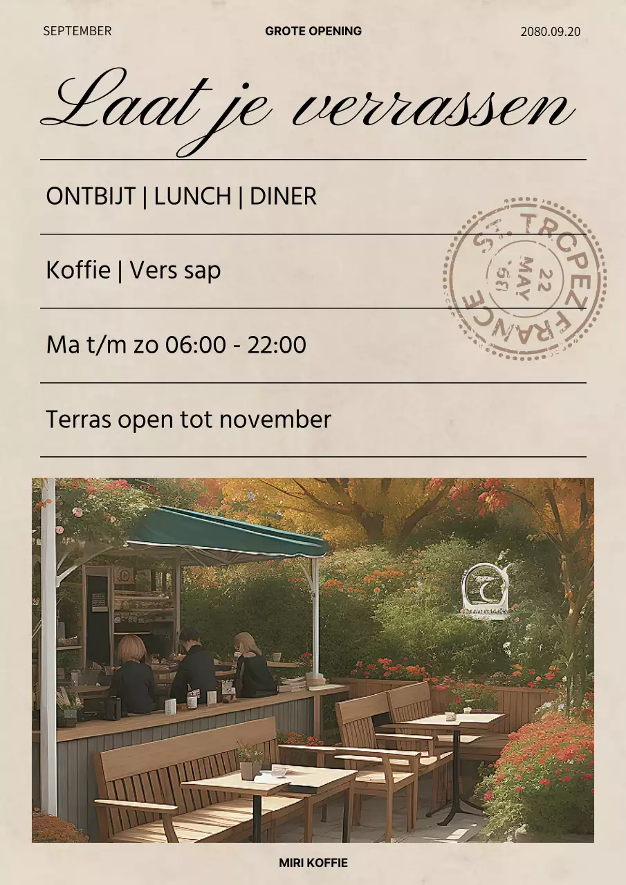 Vintage café ansichtkaart uitnodiging in beige