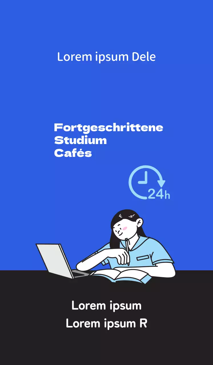 Werbung für ein sauberes Lerncafé mit der Illustration eines Studenten, der auf blauem Hintergrund lernt