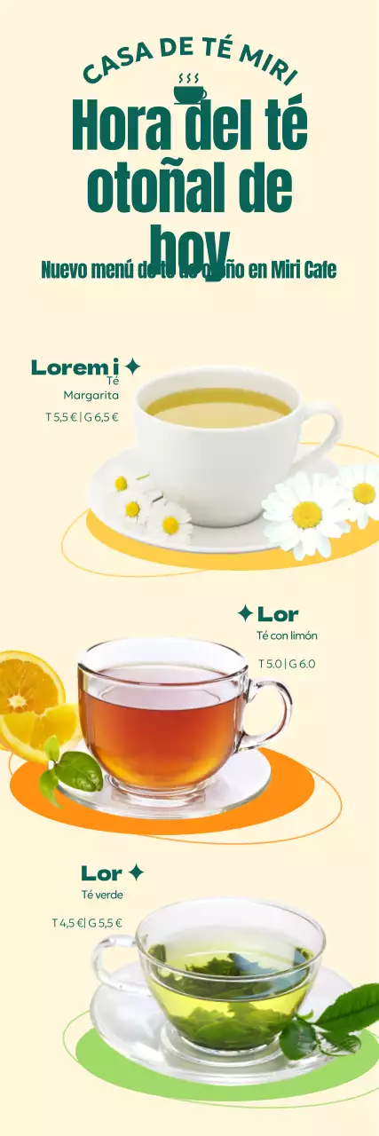 Un menú de cafetería con coloridos gráficos geométricos y fotos de cálidas bebidas otoñales a base de té.