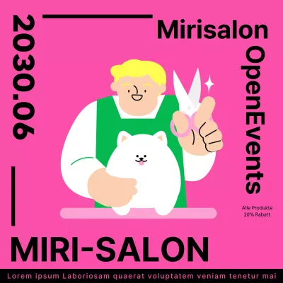 Eine niedliche, rosafarbene, illustrierte Werbung für einen Tierpflegesalon