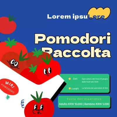 Informazioni sulla raccolta dei pomodori rossi su sfondo blu con simpatiche illustrazioni