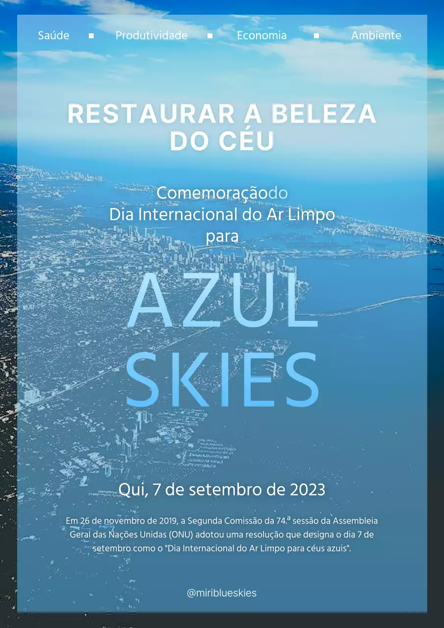 Anúncio de evento com fundo fotográfico azul da linha do horizonte moderna