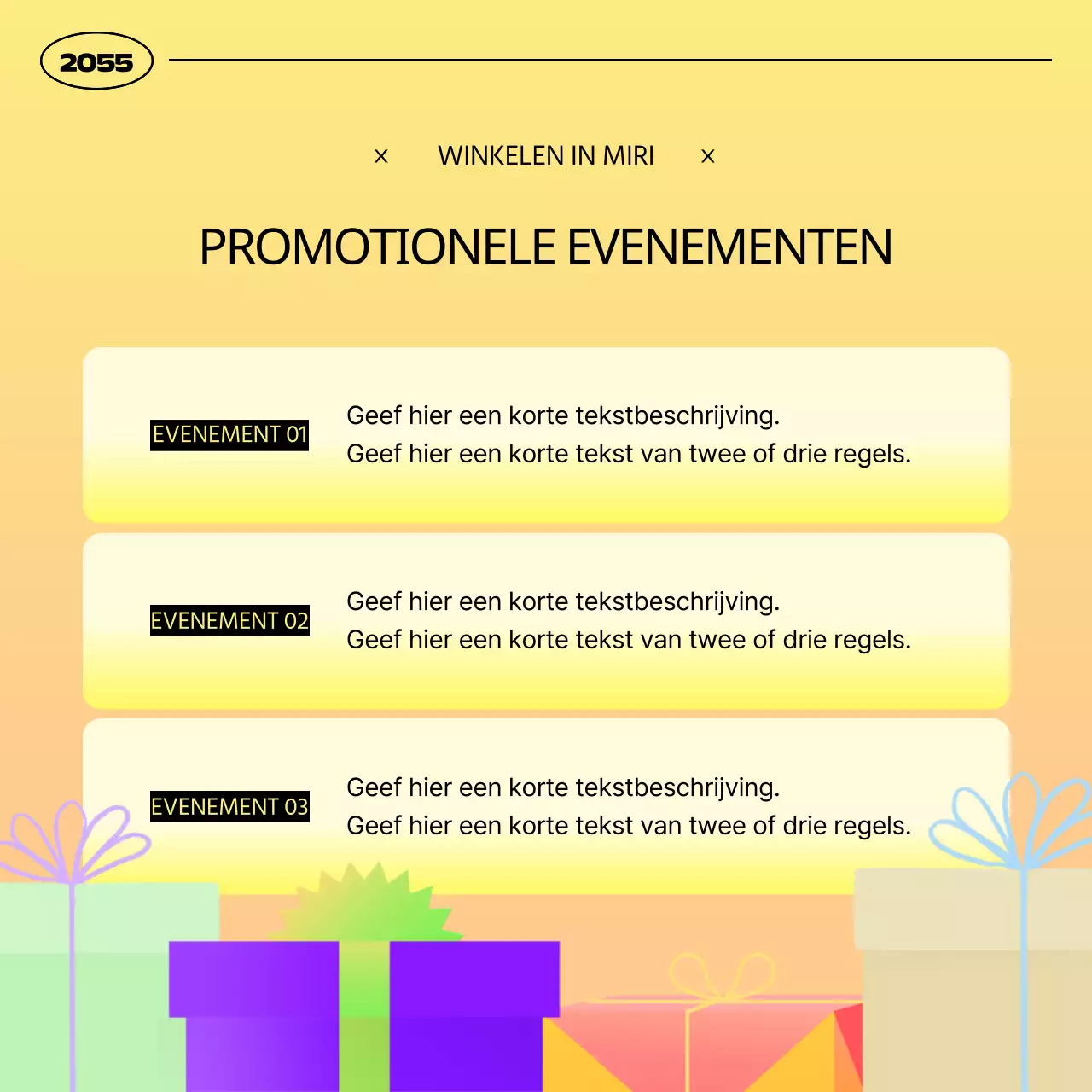 Eenvoudige gele en oranje evenementaankondiging voor geschenken