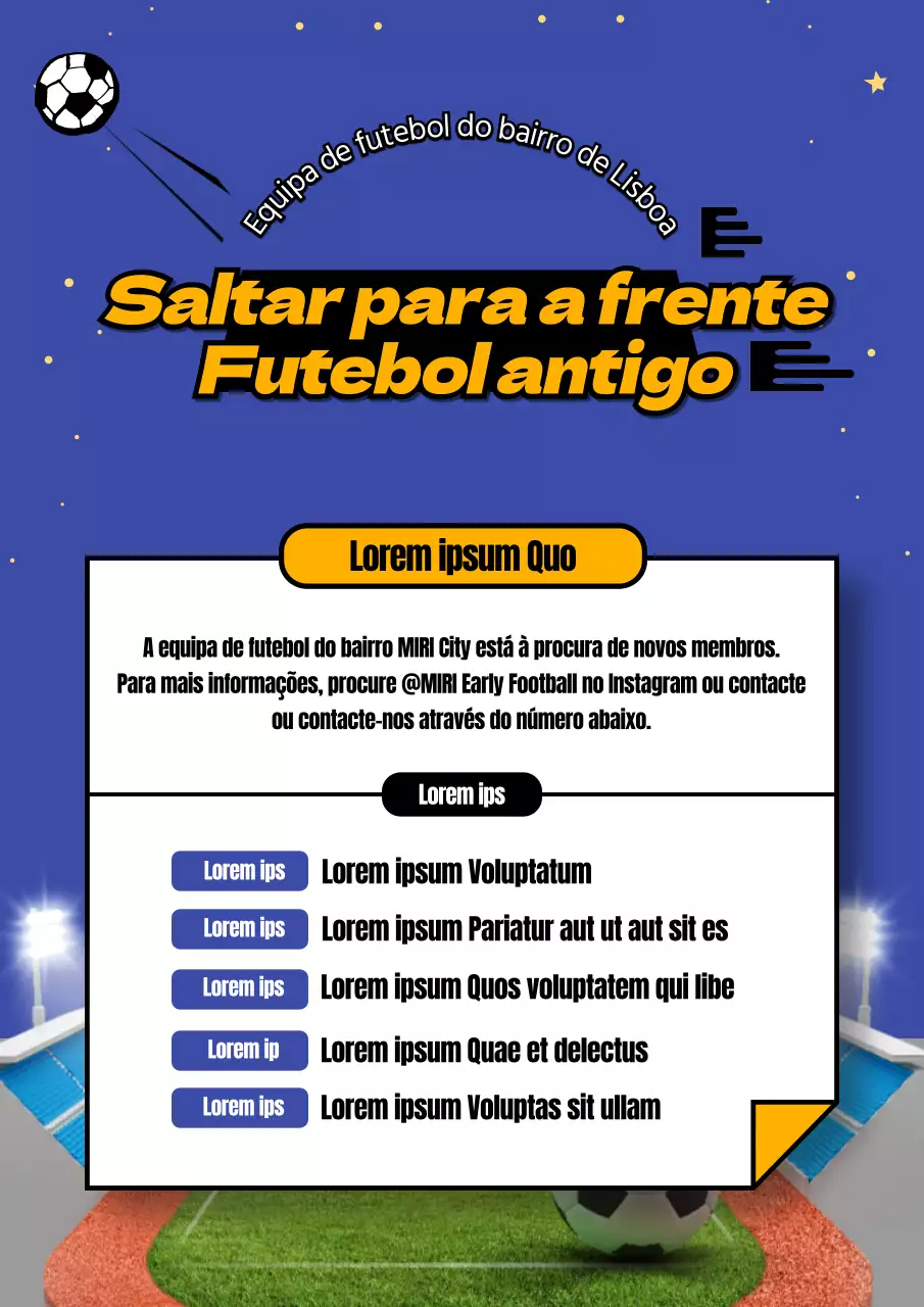 Cartaz azul e amarelo de recrutamento de futebol precoce