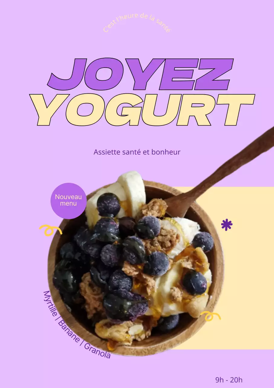 Affiche avec un titre dynamique dans une combinaison de couleurs violet et jaune