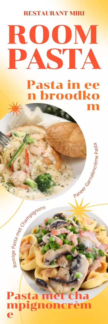 Een pastamenu in westernstijl met een fris geel kleurverloop en ritmische lijnen en vormen.