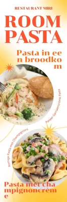 Een pastamenu in westernstijl met een fris geel kleurverloop en ritmische lijnen en vormen.