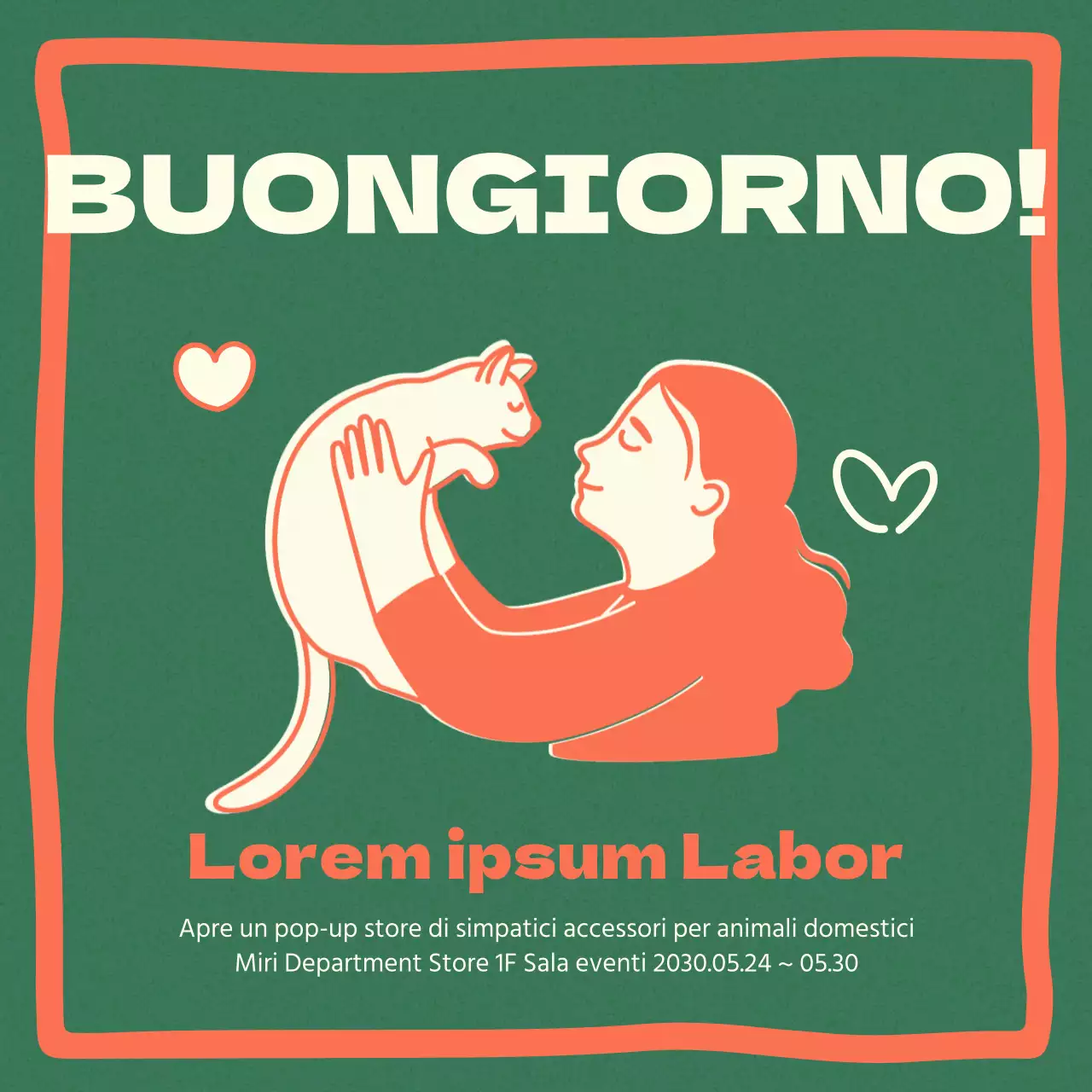 Una simpatica promozione di un evento per animali domestici, arancione e alla menta