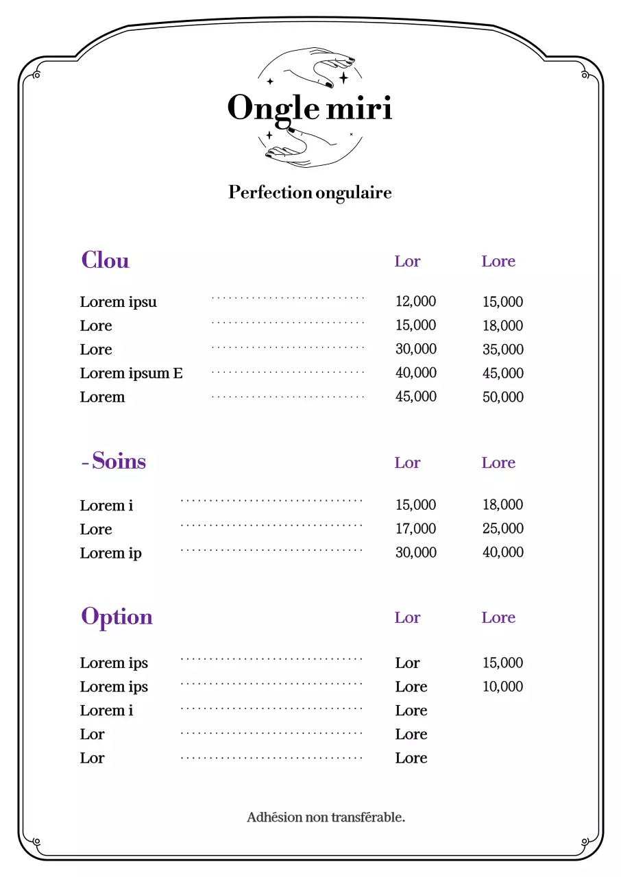 Tableau de menu nail art simple en noir et blanc