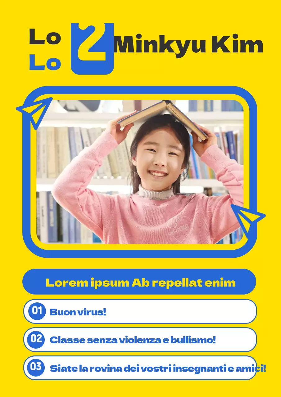 Semplice guida per i candidati alla presidenza della classe con foto gialle e blu e illustrazione di un aeroplano di carta