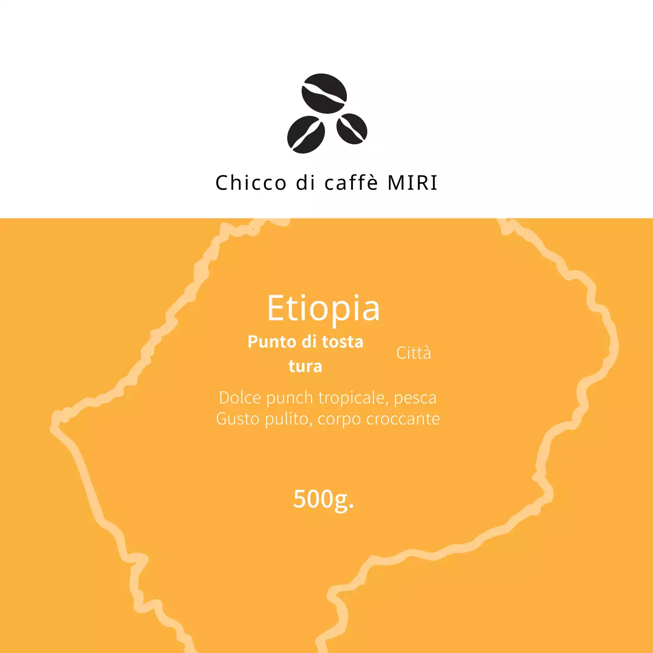 Etichetta in chicchi di caffè ordinata con illustrazione arancione