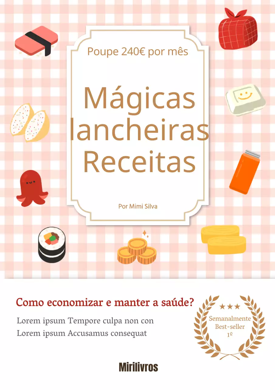Etiquetas autocolantes sobre um fundo axadrezado cor-de-rosa Título Saving Bento Recipes