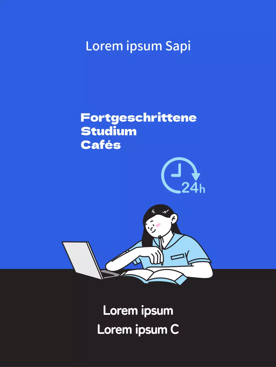 Werbung für ein sauberes Lerncafé mit der Illustration eines Studenten, der auf blauem Hintergrund lernt