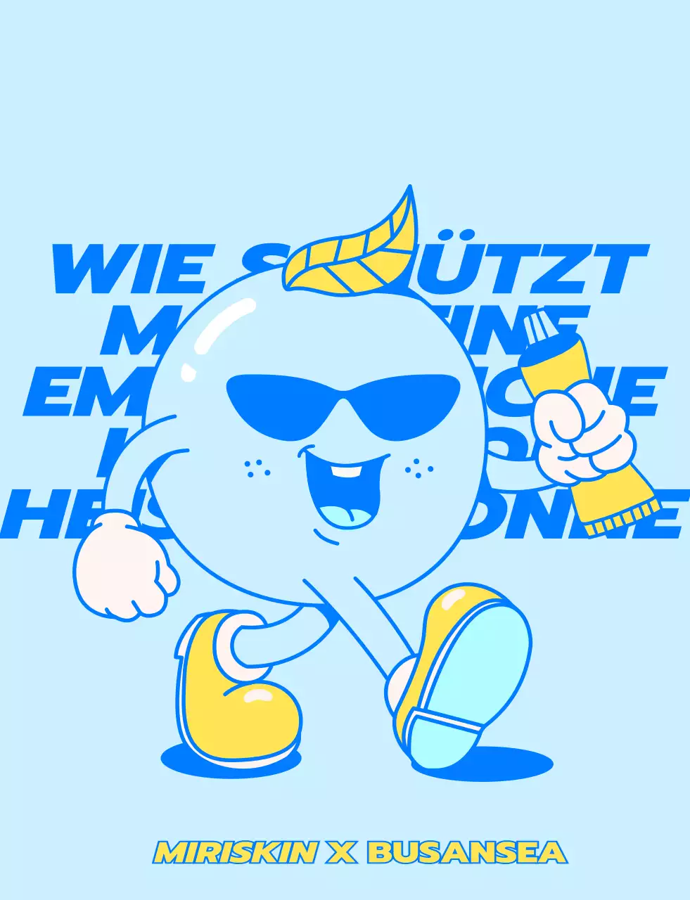 Design für das Personal eines Pop-up-Stores einer Kosmetikfirma mit blauen und gelben Lauffiguren