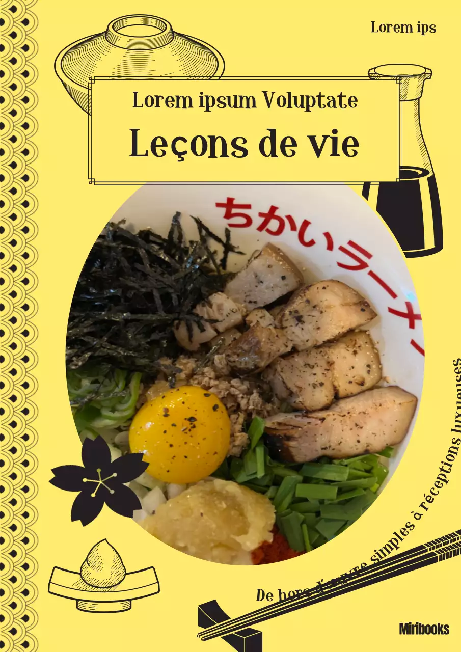 Recettes japonaises avec illustrations en couleur jaune et en noir et blanc
