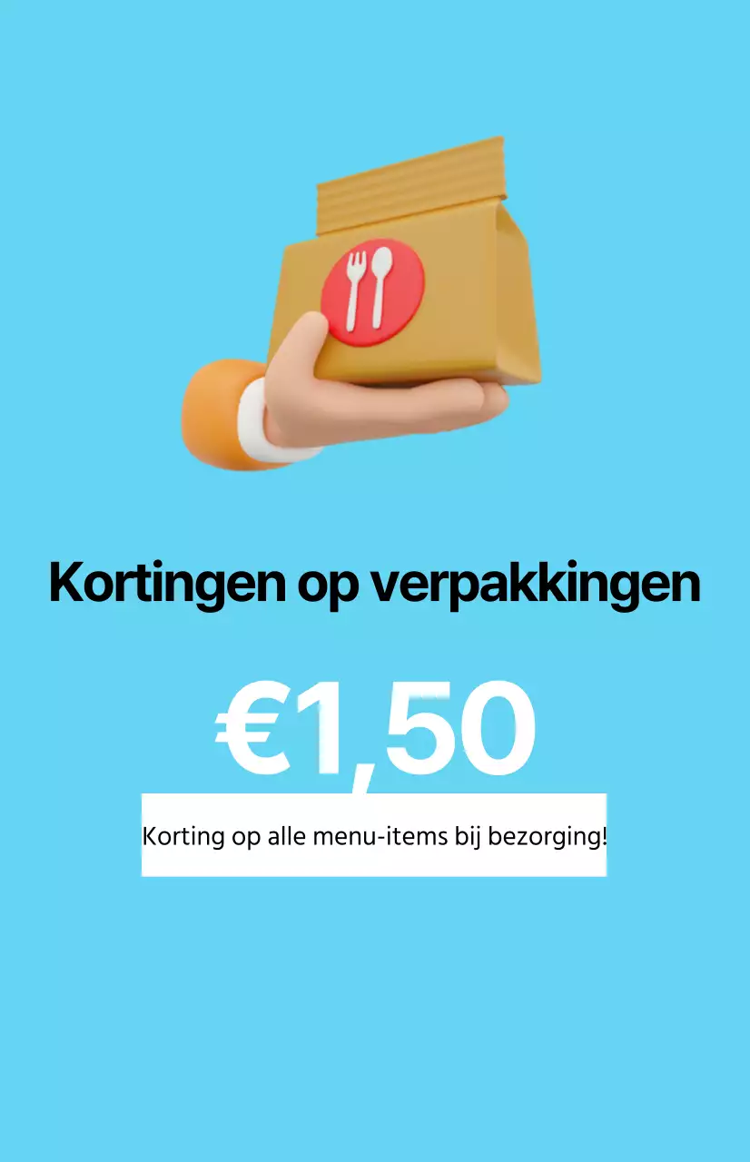 Een strakke kortingsactie met een take-away afbeelding op een lichtblauwe achtergrond