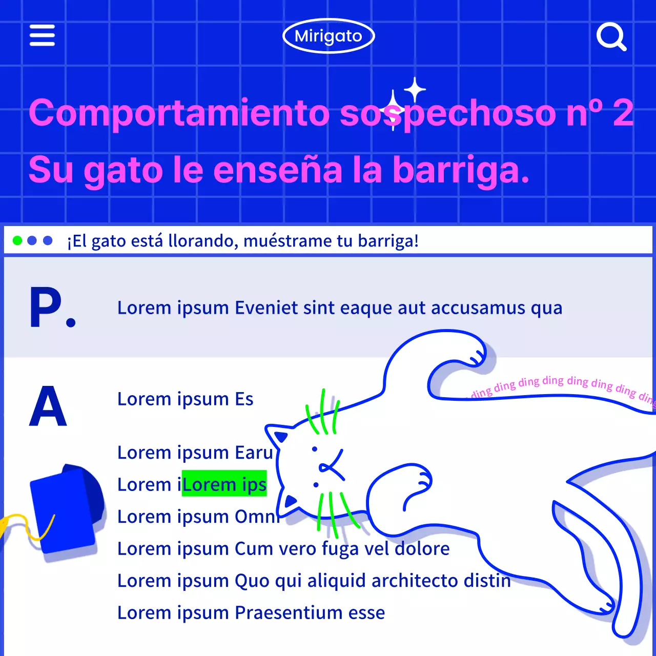 Comunique información sobre gatos con un toque retro de Internet, con una ilustración de un gato blanco sobre fondo azul