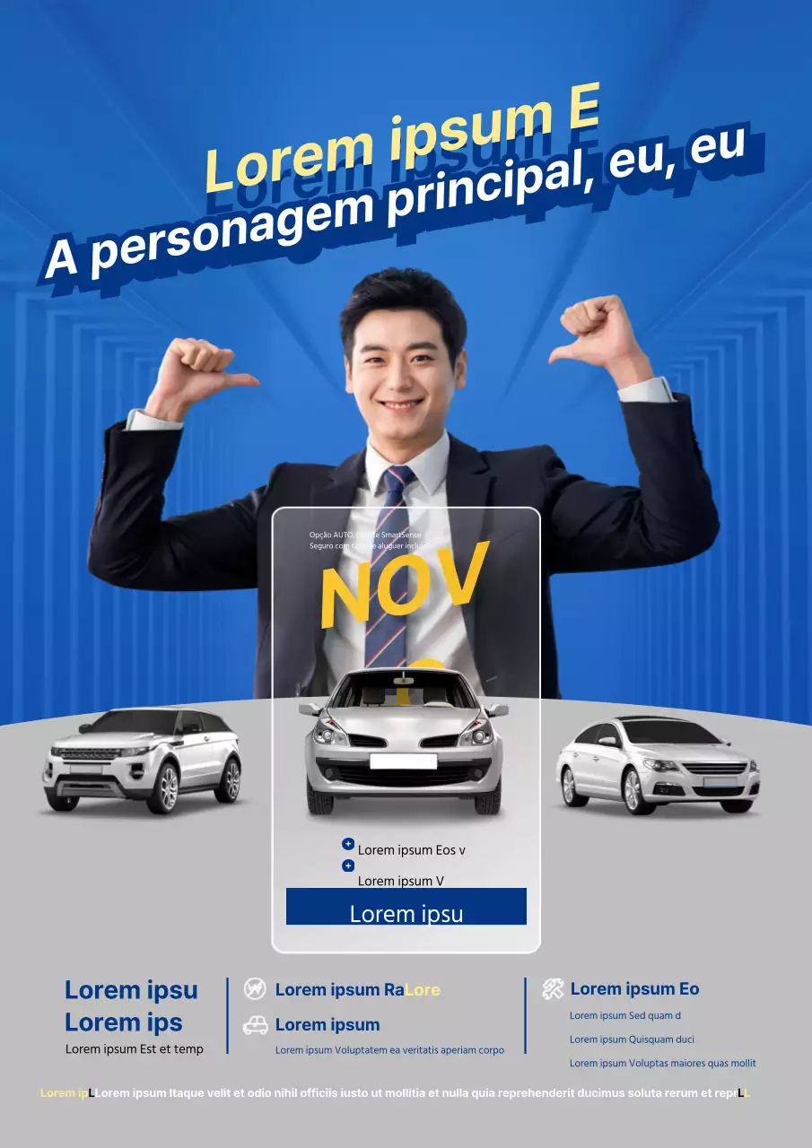 Folheto promocional elegante em azul e cinzento para uma empresa de aluguer de automóveis de longa duração