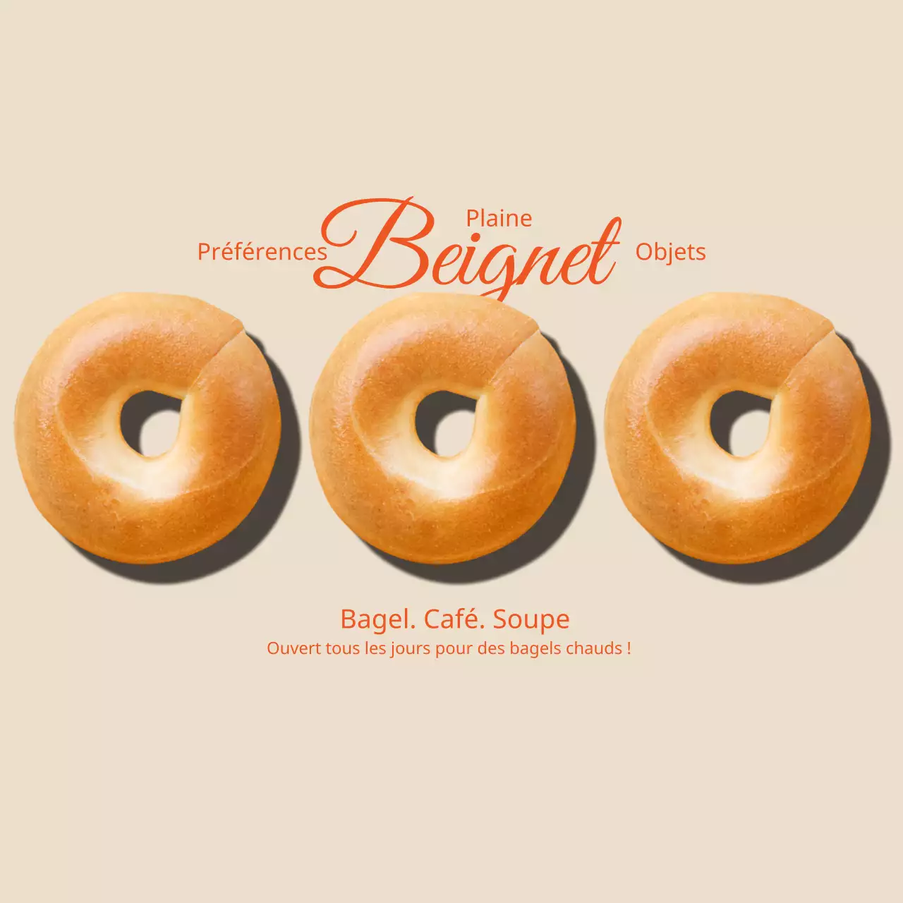Promotion d'un café avec la photo d'un bagel et un concept émotionnel en beige et rouge.