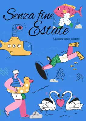 Promozione estiva con illustrazioni artistiche su sfondo blu