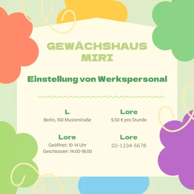 Stellenausschreibung V2 mit buntem Blumenornament und chartreusfarbenem Hintergrund