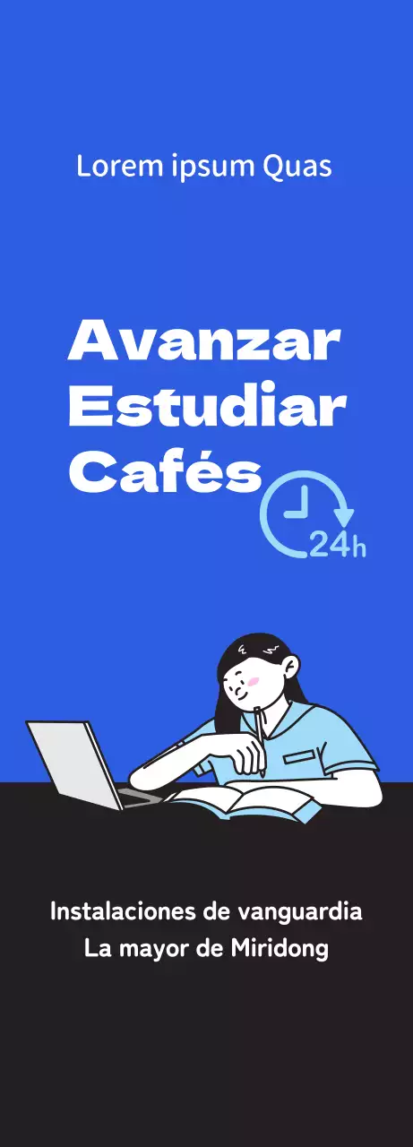 Promueva un café de estudio limpio con una ilustración de un estudiante estudiando sobre un fondo azul