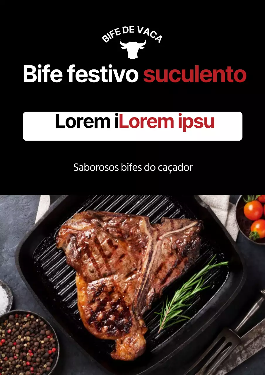 Promoção simples de desconto em churrascaria com uma fotografia a preto de um bife