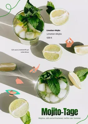 Werbung für ein vom Sommer inspiriertes Mojito-Getränk mit weißem Hintergrund und Illustration