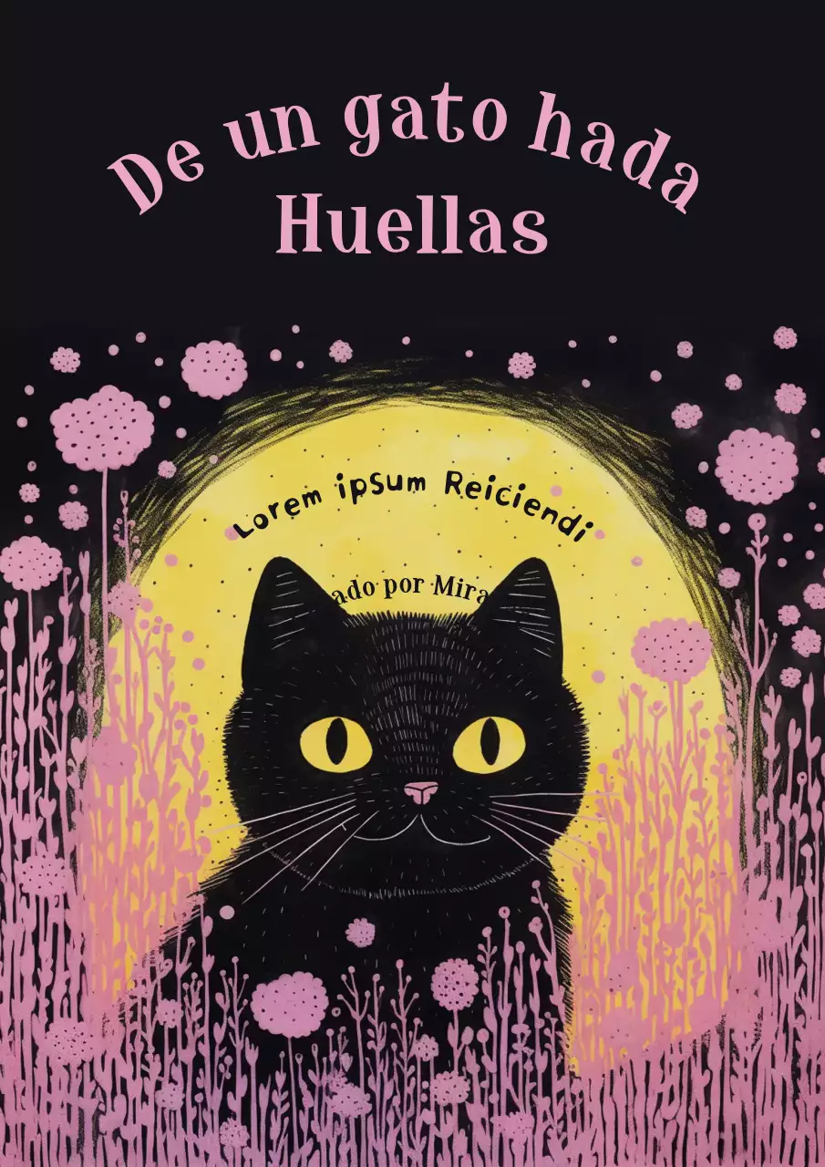 Las mágicas aventuras de un gato en un campo de flores rosas sobre fondo negro