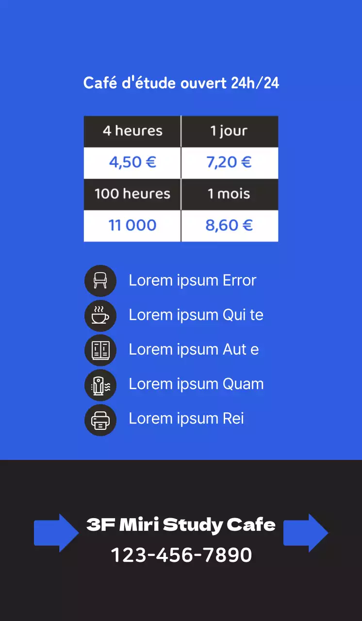 Promouvoir un café d'étude propre avec l'illustration d'un étudiant en train d'étudier sur un fond bleu.