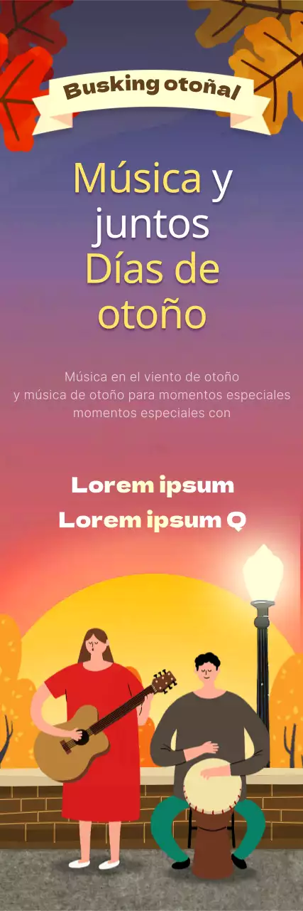 Paseo otoñal con hojas de otoño rojas y amarillas y un fondo de atardecer rosa