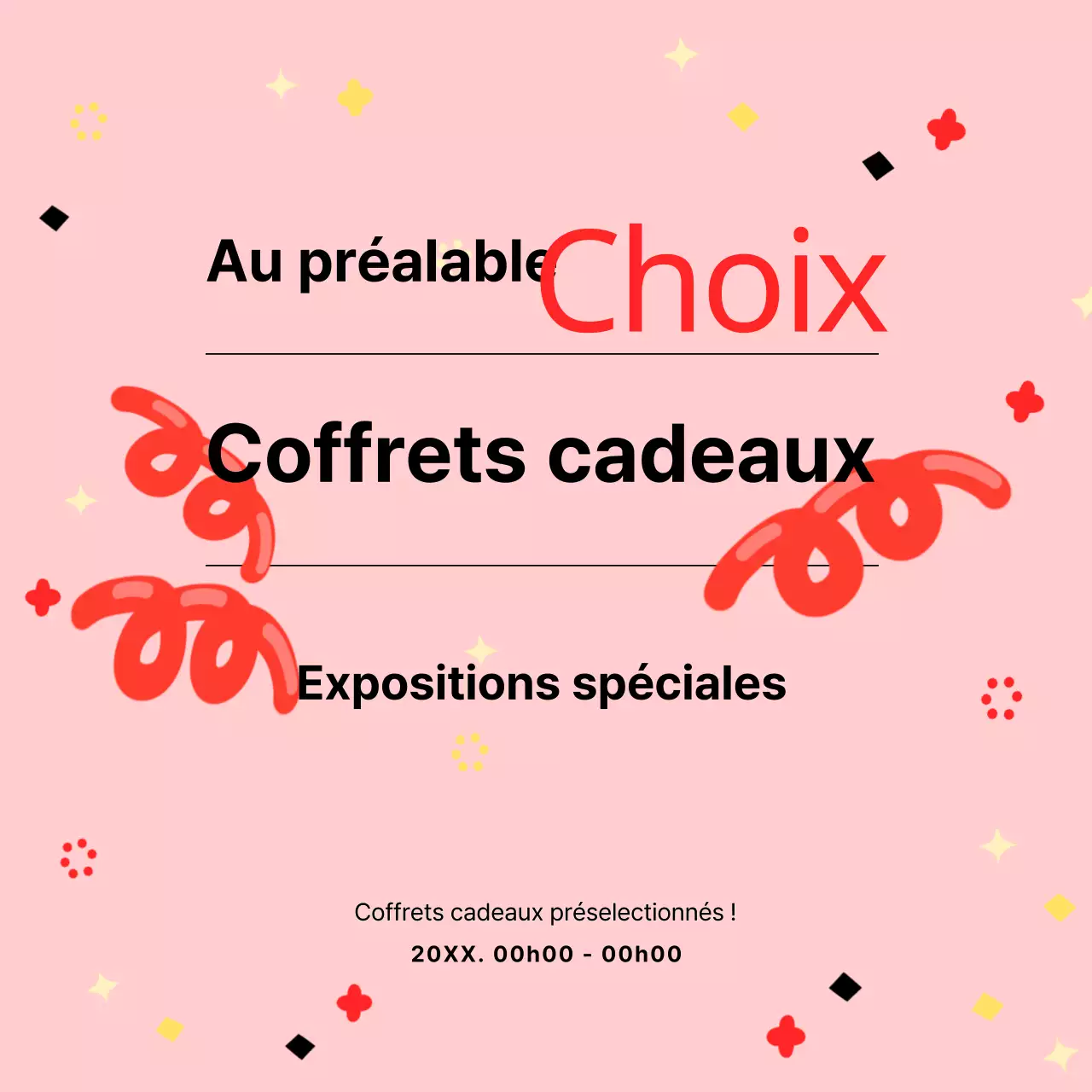 Promouvoir la vente d'un coffret cadeau en utilisant une typographie et des motifs kitsch et mignons en rose et noir.