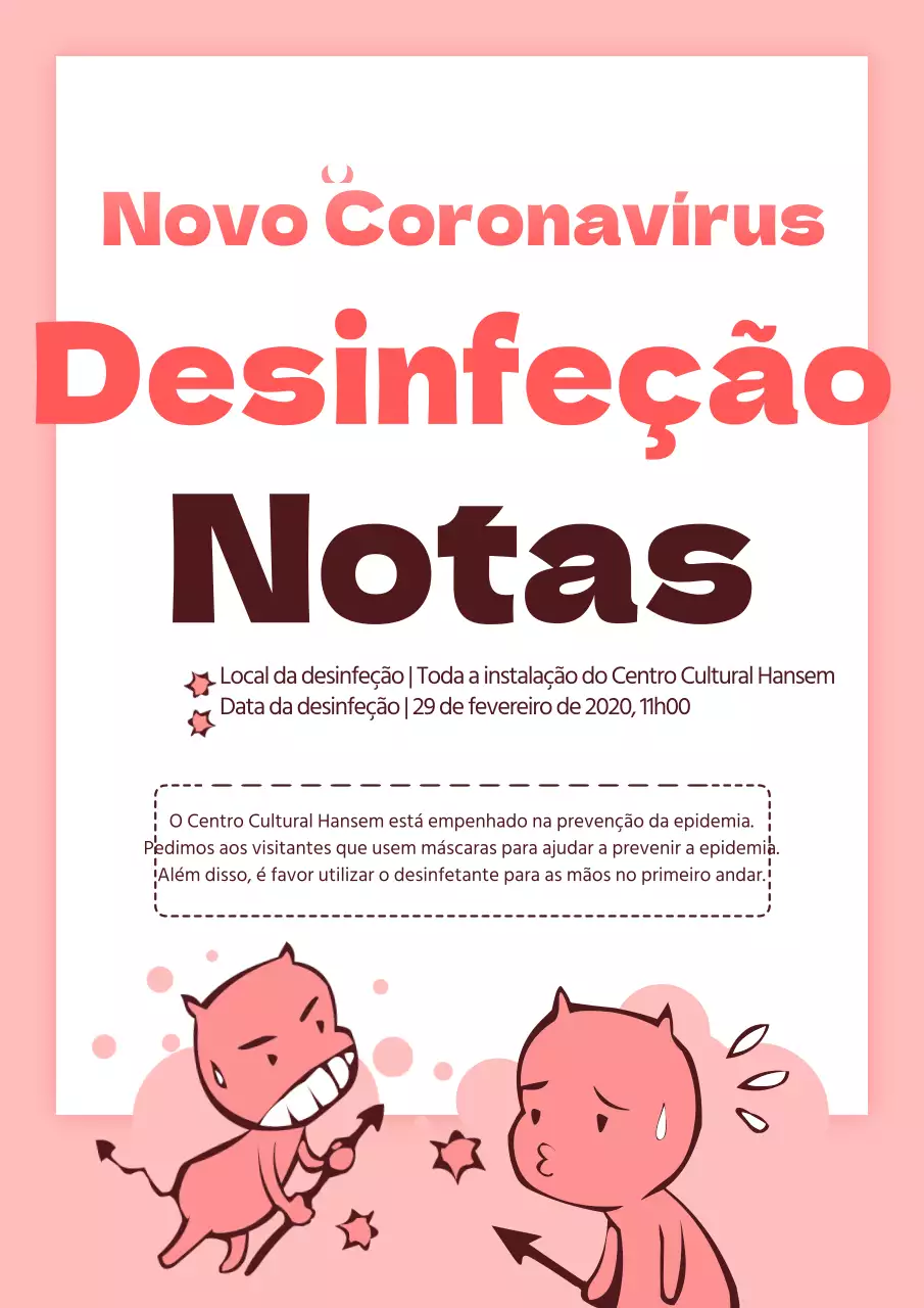 Folheto de prevenção e desinfeção de vírus cor-de-rosa e branco