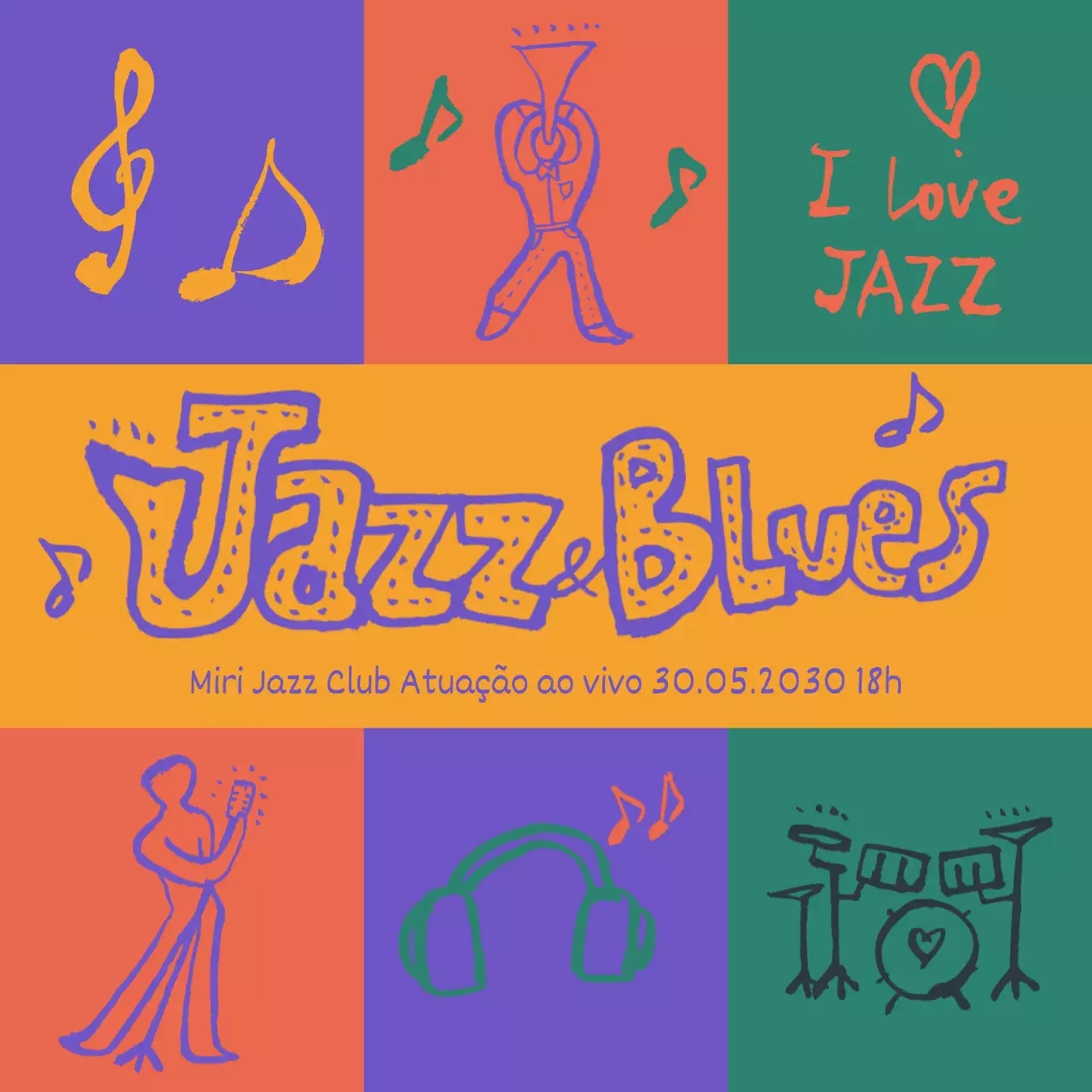 Promoção de um espetáculo de jazz com um toque de cor amarelo-púrpura