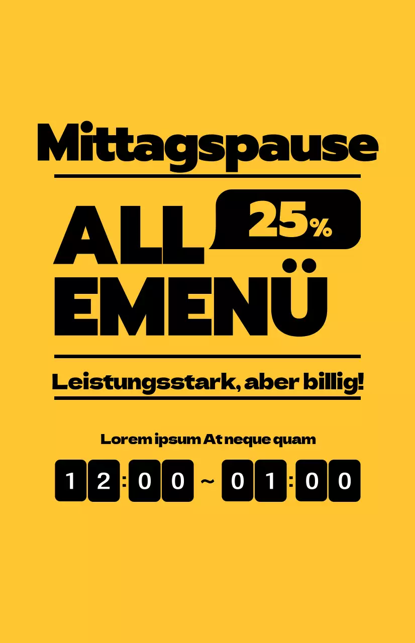 Bewerben Sie Mittagsangebote mit kontrastierendem schwarzem Text auf gelbem Hintergrund