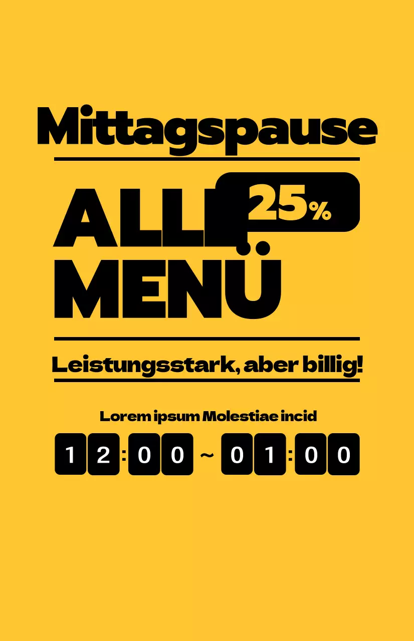 Bewerben Sie Mittagsangebote mit kontrastierendem schwarzen Text auf gelbem Hintergrund