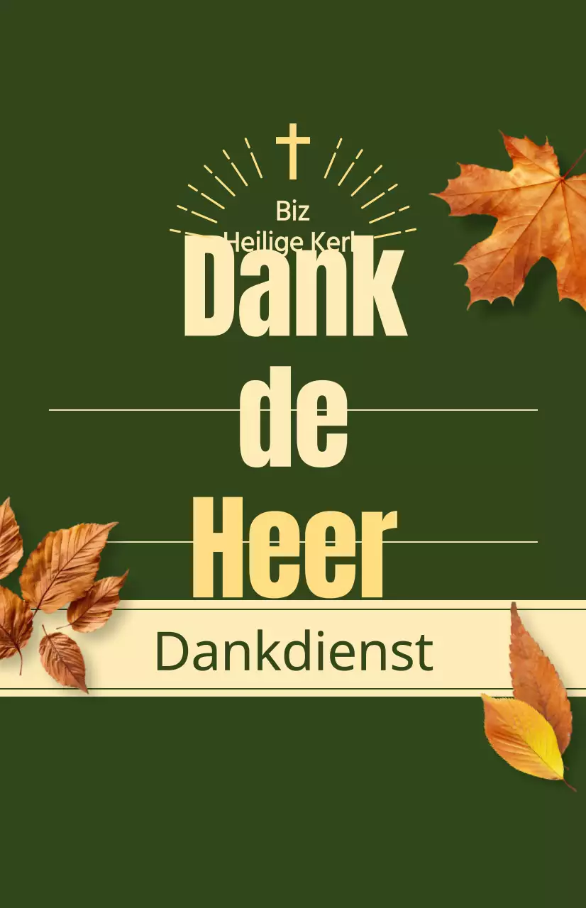 Promotie voor een kerkelijke herfstdienst met Thanksgiving-gerelateerde tekst en een foto-illustratie van vallende bladeren.