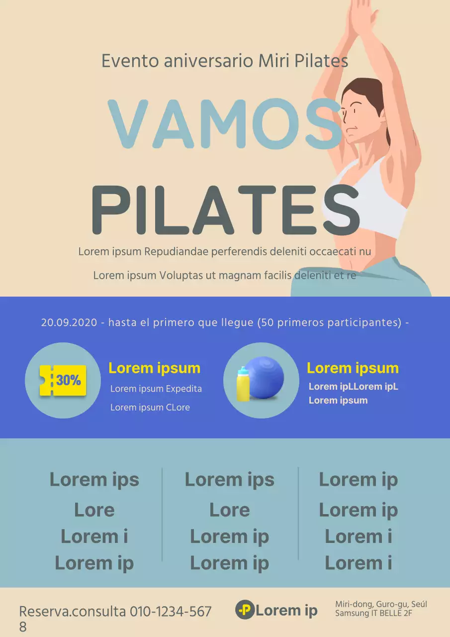 Promover un evento abierto y limpio con una ilustración en beige y azul de una persona haciendo Pilates.
