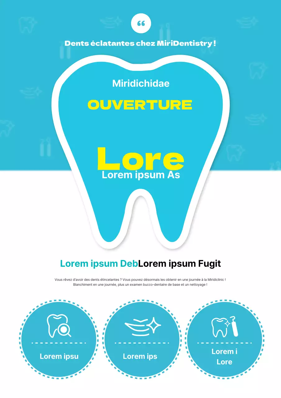 Manifestation dentaire ouverte et soignée avec des illustrations bleues en forme de dents