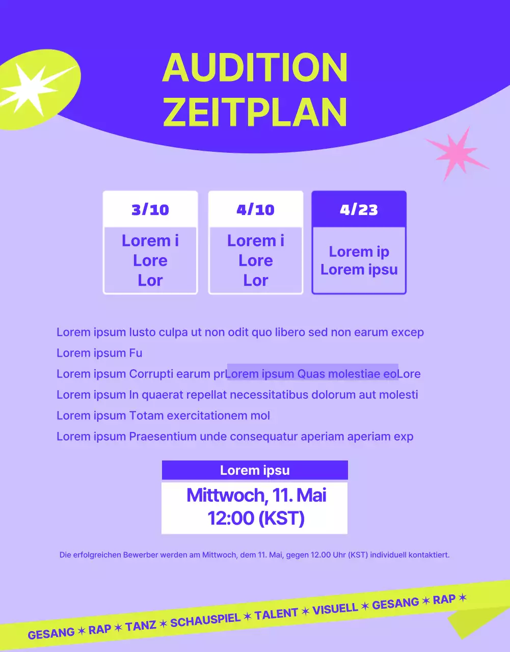 Casting-Ankündigung für ein lässiges Konzept in Lila und Lindgrün.