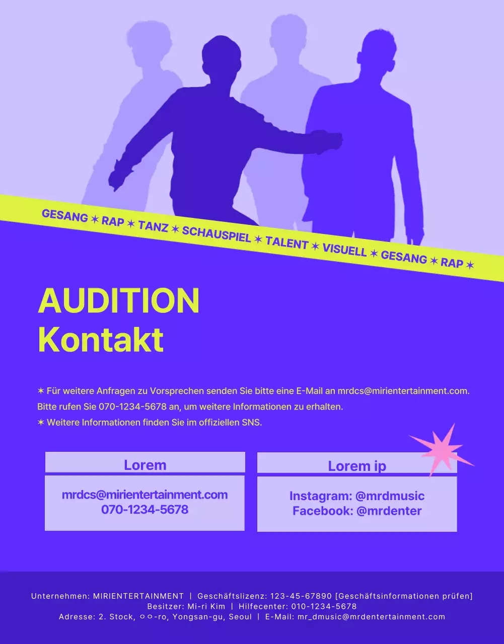 Casting-Ankündigung für ein lässiges Konzept in Lila und Lindgrün.