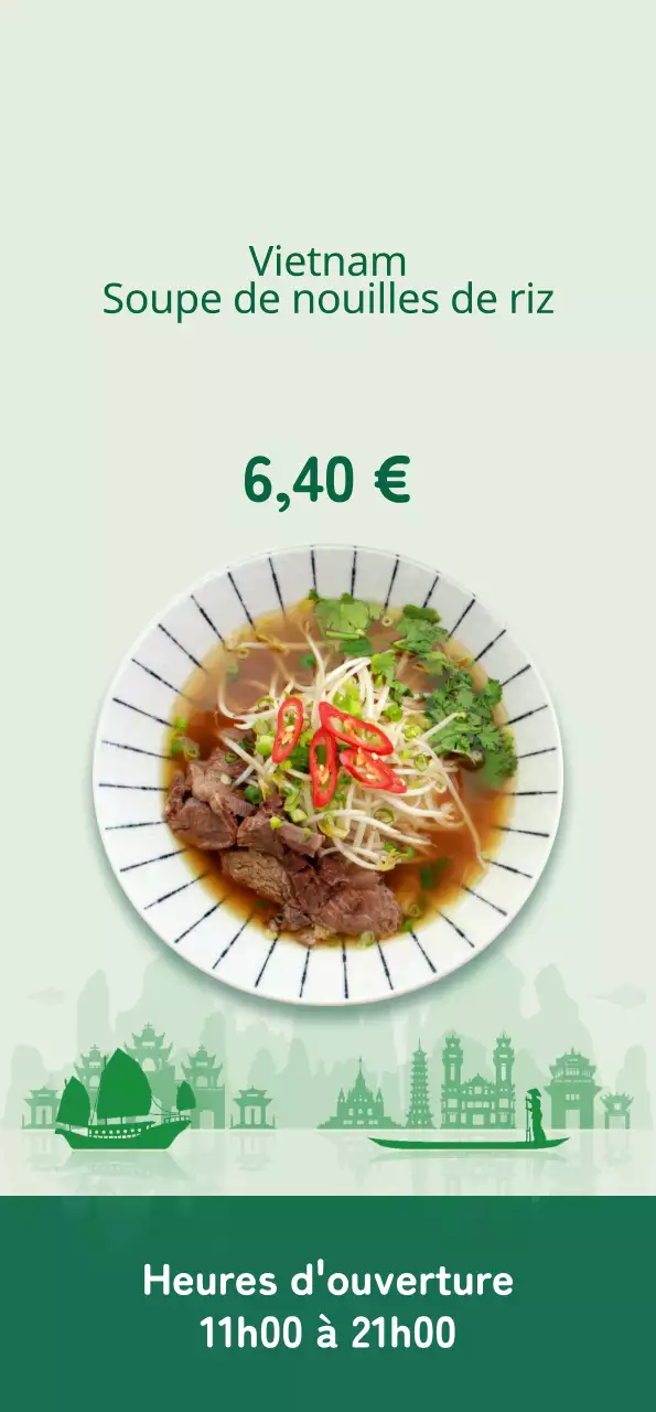 Promouvoir un menu propre avec une image de nouilles de riz aux accents verts